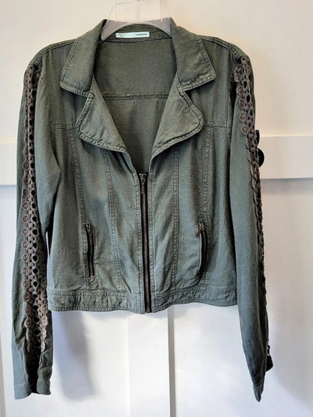 maurices Crochet-Lace Sleeve Moto Jacket in Olive Green Linen Blend Size Large
